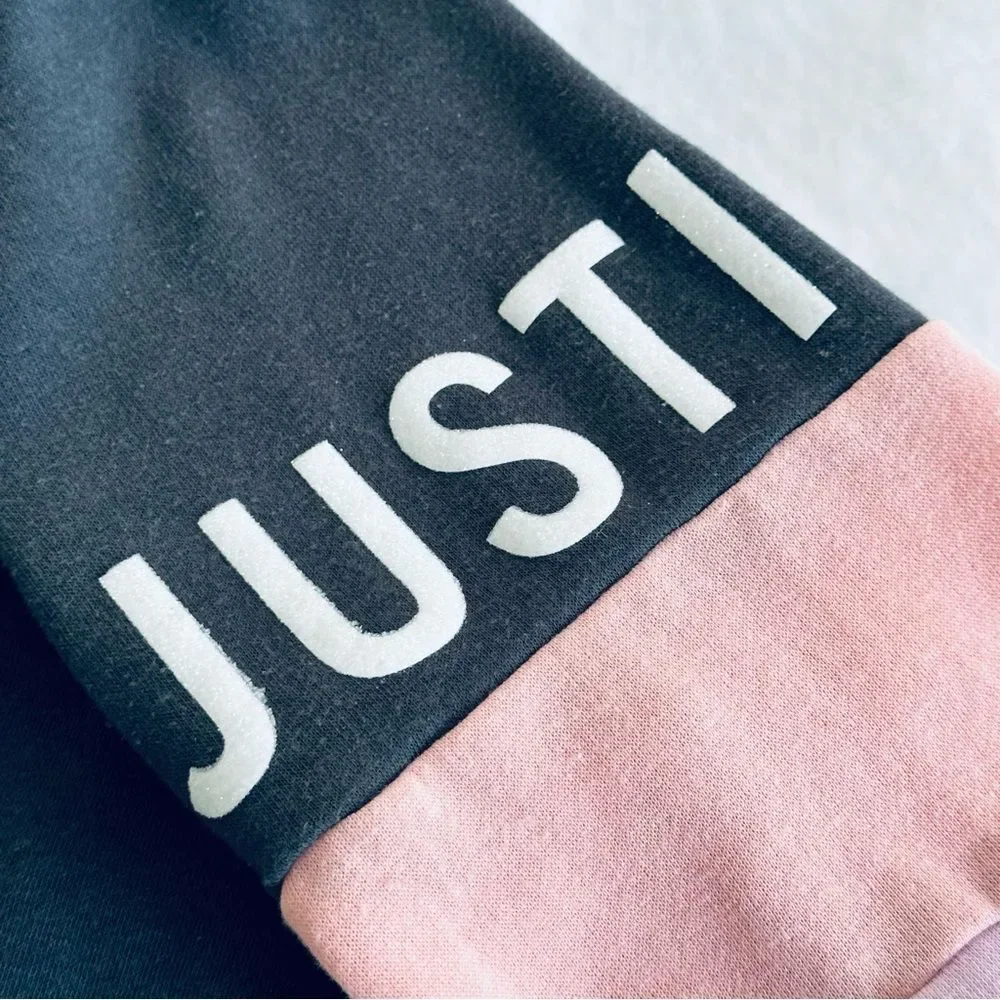 Justice Girls Hoodie Sweatshirt Gray Pink ColorBlock Glitter Sz L 12/14